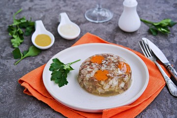Cold appetizer, portioned jelly of pork, beef and chicken on a white clay plate on a gray concrete background. Holiday snacks for New Year. Russian cuisine. Selective focus.