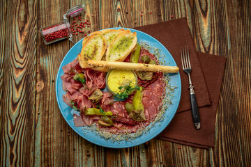 sausageraw smoked meat dump jerky pepperoni sausage, healthy and tasty food.