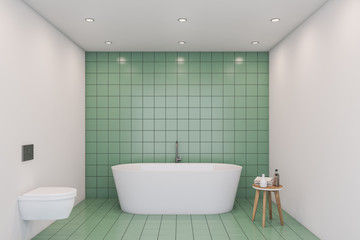 Green tile bathroom interior, tub and toilet