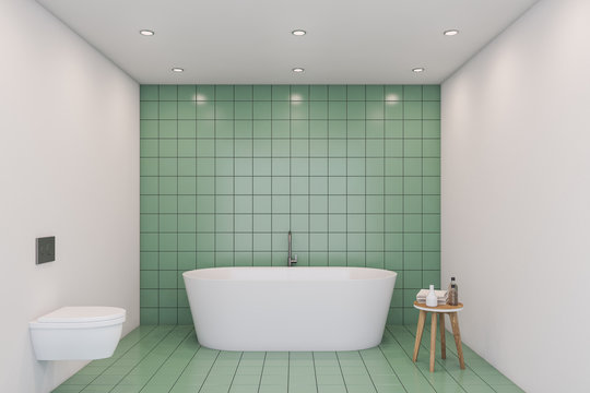 Green Tile Bathroom Interior, Tub And Toilet