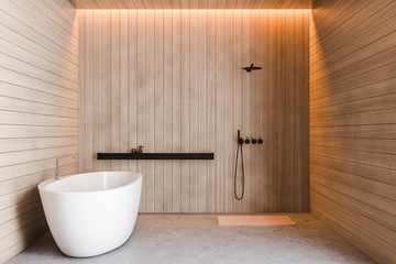 Wooden bathroom interior, shower and tub