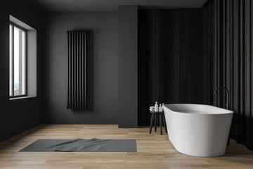 Gray and wooden bathroom with tub, side view