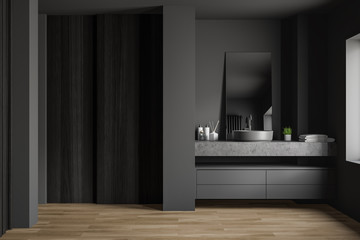 Gray and wooden bathroom interior with sink