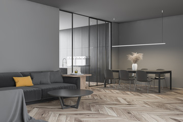 Gray living room and dining room corner