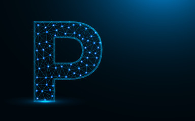 Letter P low poly design, alphabet abstract geometric image, font wireframe mesh polygonal vector illustration made from points and lines on dark blue background