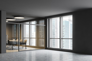 Modern office hall with gray meeting room