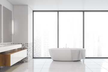 Fototapeta na wymiar Panoramic white and mosaic bathroom interior