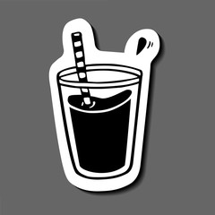 set of stickers - glasses of juice and smoothie, hearts and herbal leaf (mint, spinach or arugula). Hand-drawn in cartoon style. Black artwork isolated on white mount,  in vector