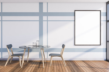 White geometric dining room with poster
