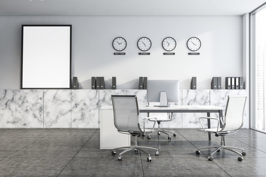 White marble CEO office with clocks and poster