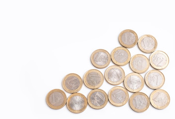 Euro coins, the currency of the EU, overhead