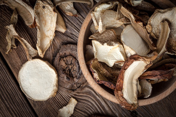 Dried mushrooms in wooden bowl.