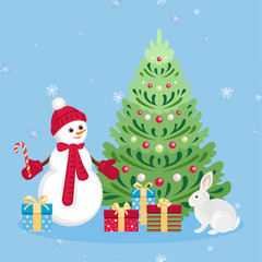 Christmas card. Cute snowman in red hat, scarf and mittens, Christmas tree, cute bunny, gift boxes on blue background with white snowflakes. Vector new year illustration in cartoon simple flat style.