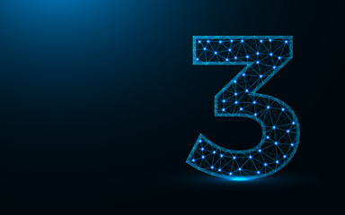 Number 3 low poly design, mathematics abstract geometric image, three wireframe mesh polygonal vector illustration made from points and lines on dark blue background