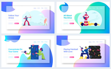 Goal Achievement, Kart Racing and Paintball Game Website Landing Page Set. Adrenaline Sport Recreation. Outdoors Tournament, Competition, Leisure Web Page Banner. Cartoon Flat Vector Illustration