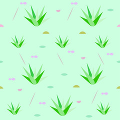 Aloe, aloe plants or succulent plants and grass stalks, in sand by the seaside. With geometric elements and stylized shells. A stylized, seamless vector pattern or illustration on turquoise background