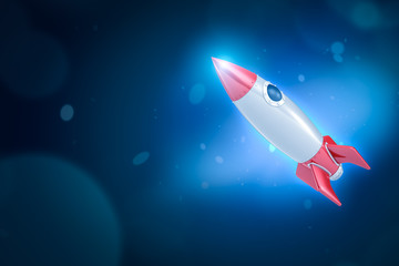 Naklejka na ściany i meble 3d rendering of silver red space rocket on dark neon blue background