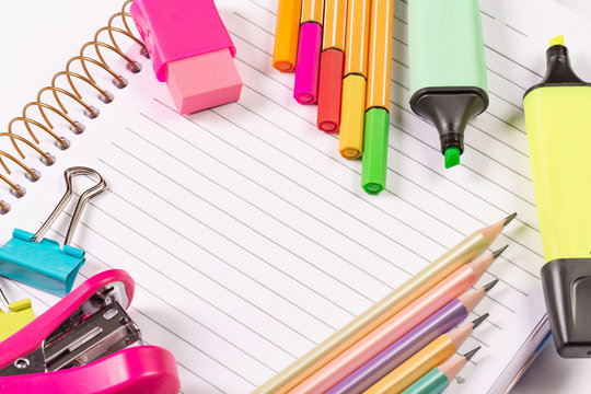 School supplies background with copyspace for back to school theme.