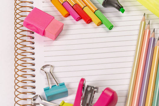 School supplies background with copyspace for back to school theme.