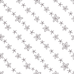 Seamless pattern with diagonal arrangement of hand-drawn stars and snowflakes