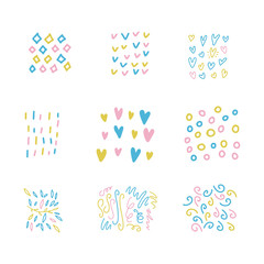 Baby shower Party hand drawn multicolor textures set. Triangles, curl, leaf, circle ornaments. Hearts cartoon clipart for birthday, Valentines postcard. Flourish, spiral isolated design elements