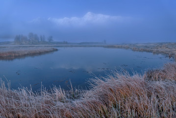 mountains lake fog reflection dawn blue