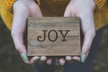 Two hands holding a block of wood that says Joy