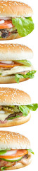 four different hamburgers on a white background