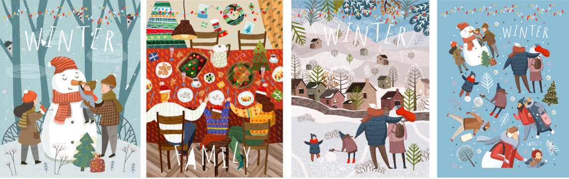 Happy family in the winter. Vector illustrations of mother, father and child on the street making a snowman at home at the festive Christmas and New Year table and walking for a walk in nature.