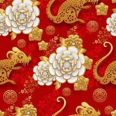 Chinese new year 2020 year of the rat ,red and gold paper cut rat character,flower and asian elements with craft style on background.  (Chinese translation : Happy chinese new year 2020, year of rat)