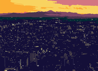 Vector - Tokyo Skyline with Mt. Fuji in Background at Sunset