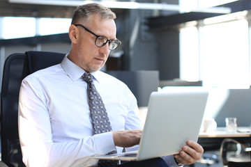 Mature businessman working on computer in modern office.