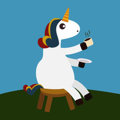 Unicorn cartoon illustration sitting while drinking coffee