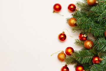 Christmas decor with Christmas balls on white background. Free space for text 