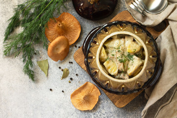 Red mushrooms with stewed potatoes, sour cream and spices in a ceramic pot on a stone countertop. Top view flat lay background with copy space.