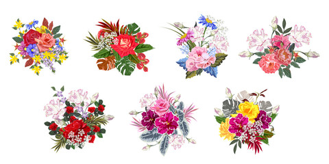 Set of bouquets of beautiful painted flowers. Decor elements for greeting cards, wedding invitations, birthday and other celebrations. Isolated on white background.