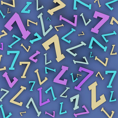 Colorful number seven (7) in various sizes scattered chaotically on background 3d rendering, 3d illustration; top view