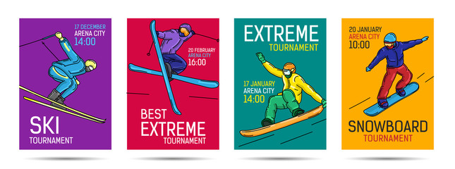 Set of posters for extreme winter sports tournament or competition with snowboarder and skier in various positions - obrazy, fototapety, plakaty