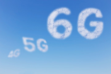 Clouds in the shape of 6G symbol and blurred 4G-5G symbol with a blue sky background.