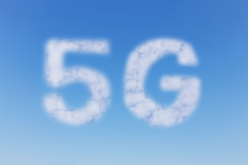 Clouds in the shape of 5G symbol with a blue sky as the background.