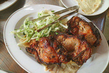  Closeup a Plate of Famous Armenian Traditional Barbecue or Khorovats Serving on Flatbread called Lavash 