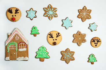 Christmas composition. Collection of homemade handmade gingerbread cookies with glaze painting. Isolated. Christmas, winter, new year.