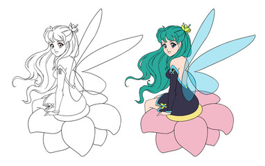 Illustration of a beautiful fairy sitting on the flower. Hand drawn vector anime illustration. Isolated on white.