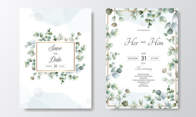 wedding invitation card with green leaves template