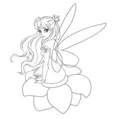Illustration of a beautiful fairy sitting on the flower. Hand drawn contour cartoon illustration. Isolated on white.