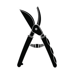 Black silhouette of secateurs on a white background.Icon, outline style. Agricultural work, landscape design. Gardening Tools. Rural life in vector illustration.