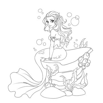 Illustration of a beautiful mermaid girl sitting on the stone.