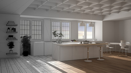 Architect interior designer concept: unfinished project that becomes real, minimal kitchen with island, stools, dining table with chairs, panoramic windows, parquet, interior design