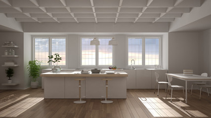 Fototapeta na wymiar Modern clean minimal kitchen with island, stools and dining table with chairs, three panoramic windows, decorated ceiling and wooden parquet floor, potted plants, interior design idea