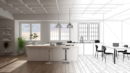 Architect interior designer concept: unfinished project that becomes real, minimal kitchen with island, stools, dining table with chairs, panoramic windows, parquet, interior design